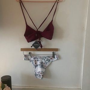 Bikini maroon tie top white bottoms with pink and blue flowers